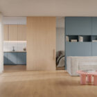 combinación de colores lisos azul acero con roble natural . Un diseño de melamina exclusivo sin repetición al ancho