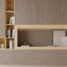 mueble de salón fabricado tablero decorativo de roble en tono tostado