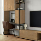 mueble de salón fabricado con melamina roble y soporte metálico negro mate