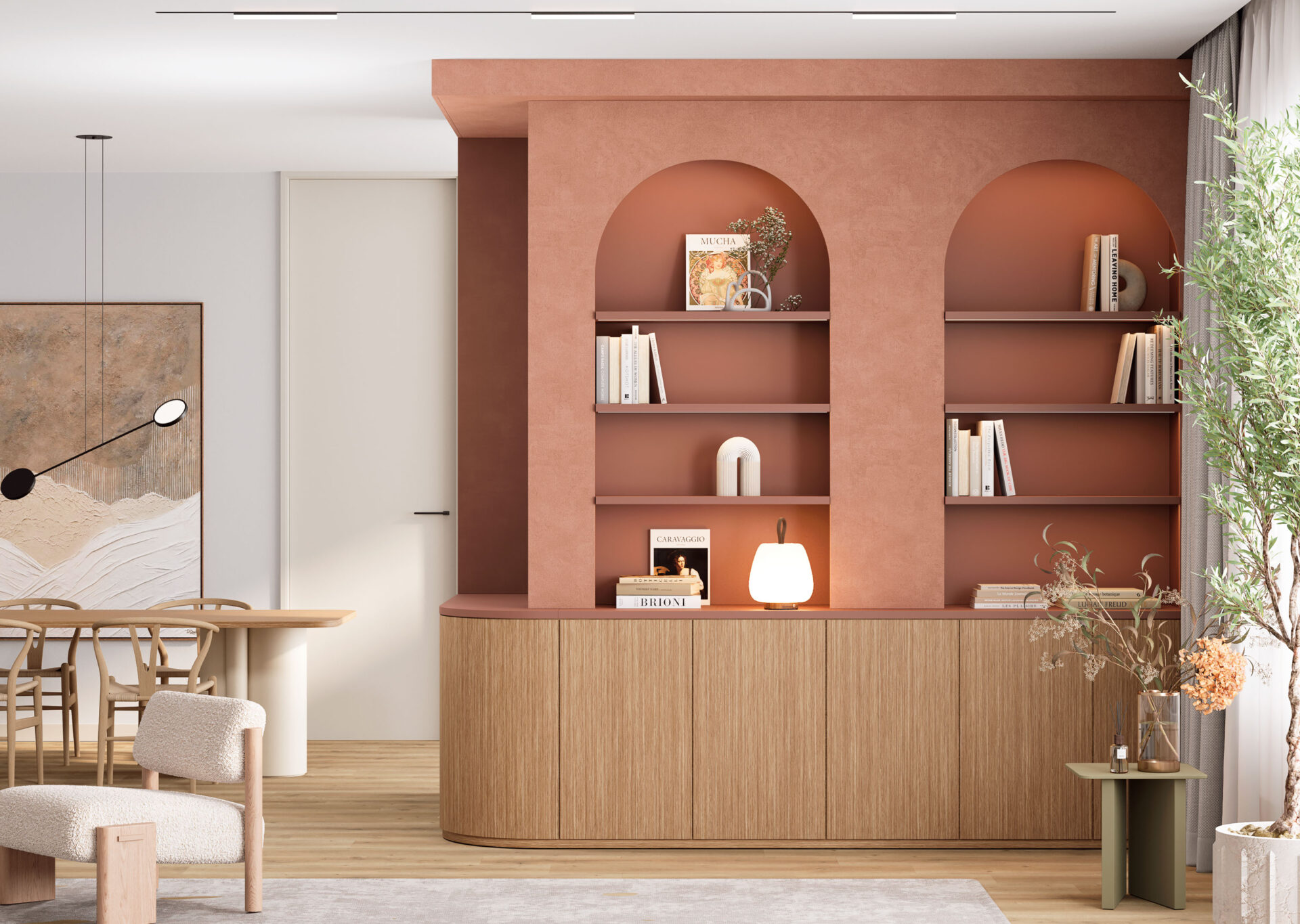 mueble de salón combinando Ibuku Natural y siena