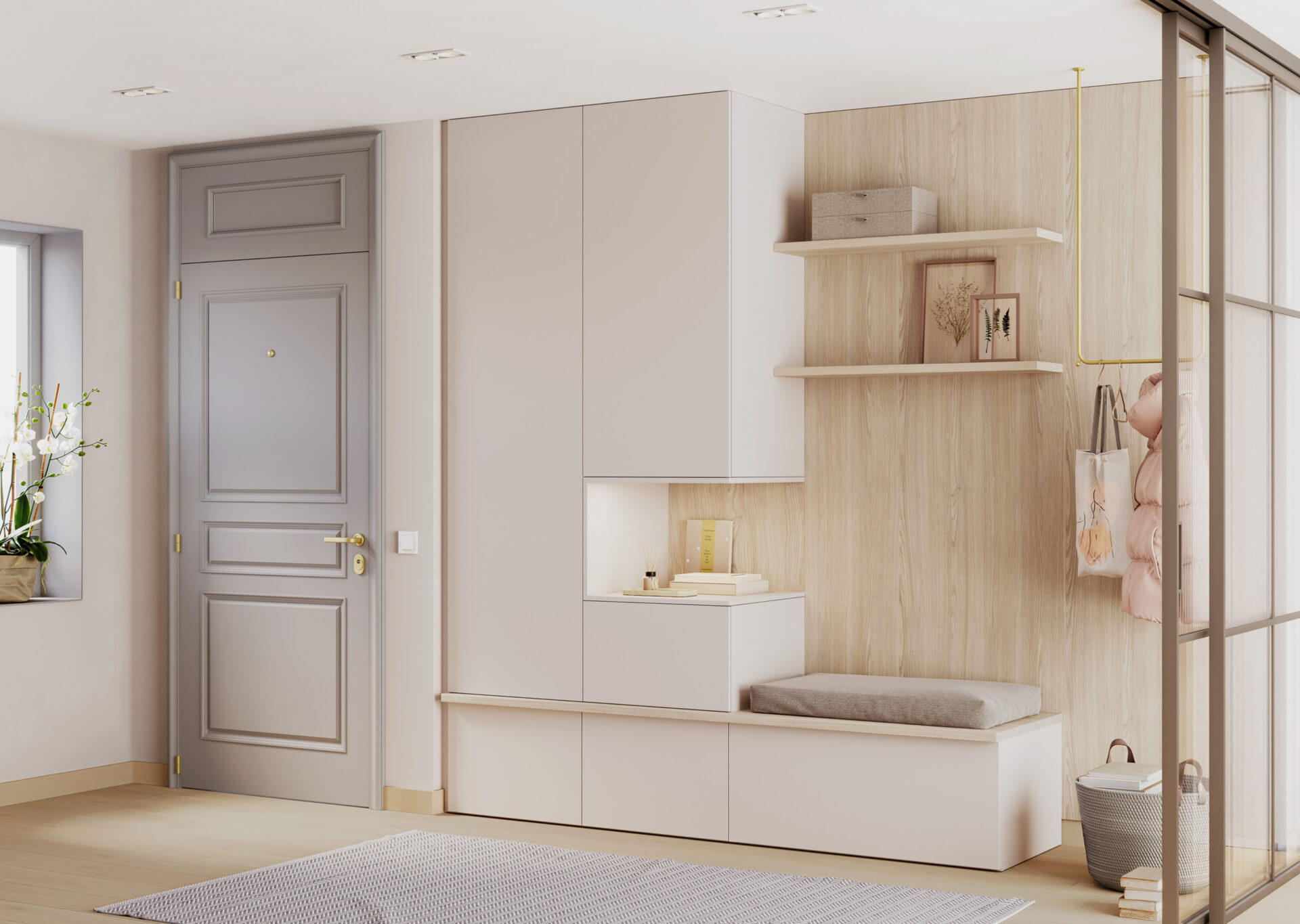 un mueble de entrada combinado en tivoli ash y blanco mate