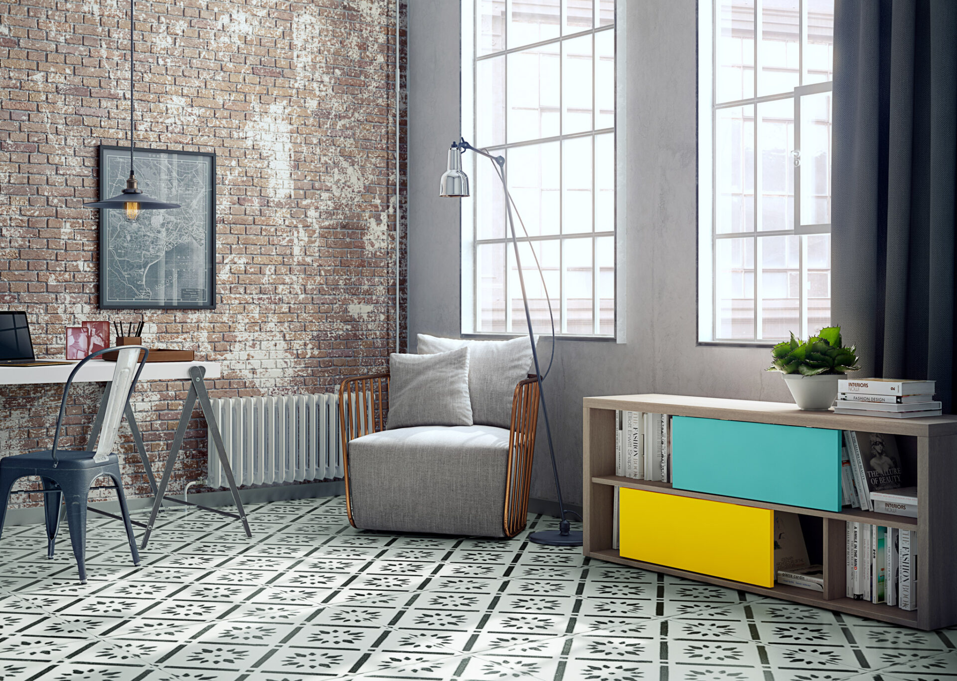 mueble de salón con decoración industrial