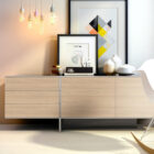 mueble de salón en madera combinada con tablero gris claro de melamina