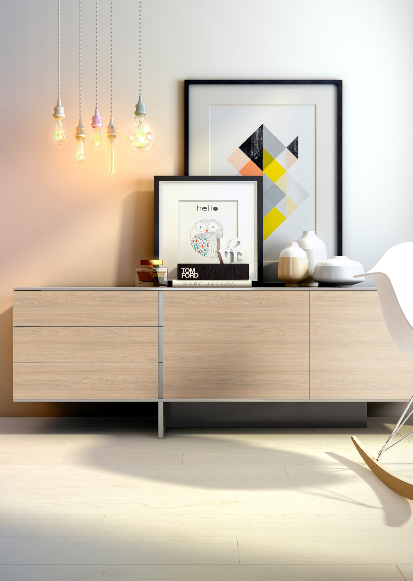 mueble de salón en madera combinada con tablero gris claro de melamina