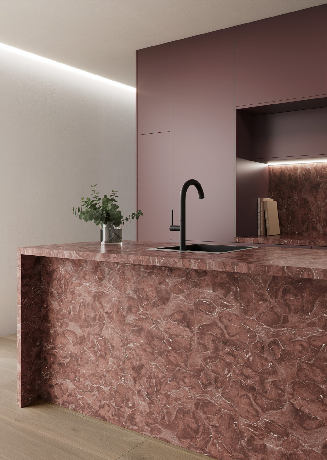 cocina terracota antihuella con encimera mármol rojo