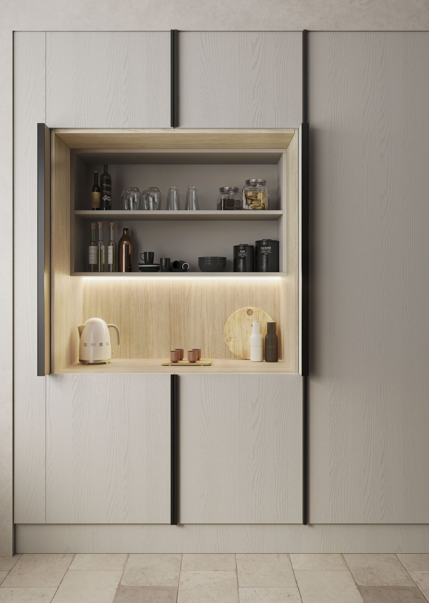 Cocina diseñada con el tablero merino acabado bolero