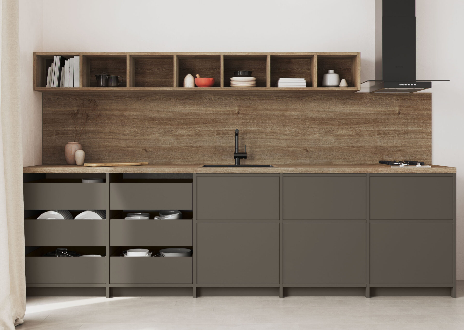 cocina que combina perfecto el Alpaca con tonos madera oscura